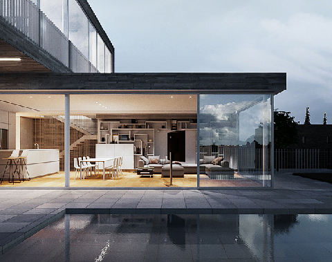 Modern residence at dusk